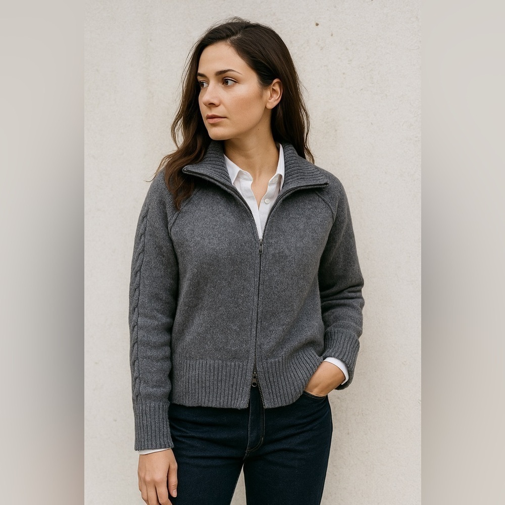 Eddie Bauer Wool Blend Full Zip Mock Neck Sweater, Grey and Silver, Large